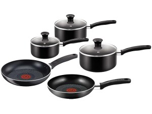 Tefal Essential 5-Piece Non-Stick Cookware Set: 3 Saucepans (16/18/20CM) with Lids, 2 Frying Pans (20/24CM), Compatible with All Hobs Except Induction Black - B472S545