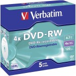 Verbatim DVD-RW 4.7 GB - 4x Burning Speed, Long Service Life, Scratch Protection, Matt Silver, Jewel Case, 5-Pack