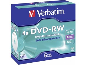 Verbatim DVD-RW 4.7 GB - 4x Burning Speed, Long Service Life, Scratch Protection, Matt Silver, Jewel Case, 5-Pack