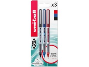 uni-ball UB-150 Eye Rollerball Pens. Premium Micro 0.5mm Ballpoint Tip for Super Smooth Handwriting, Drawing, Art, Crafts and Colouring. Fade and Water Resistant Liquid Uni Super Ink. 3 Pack